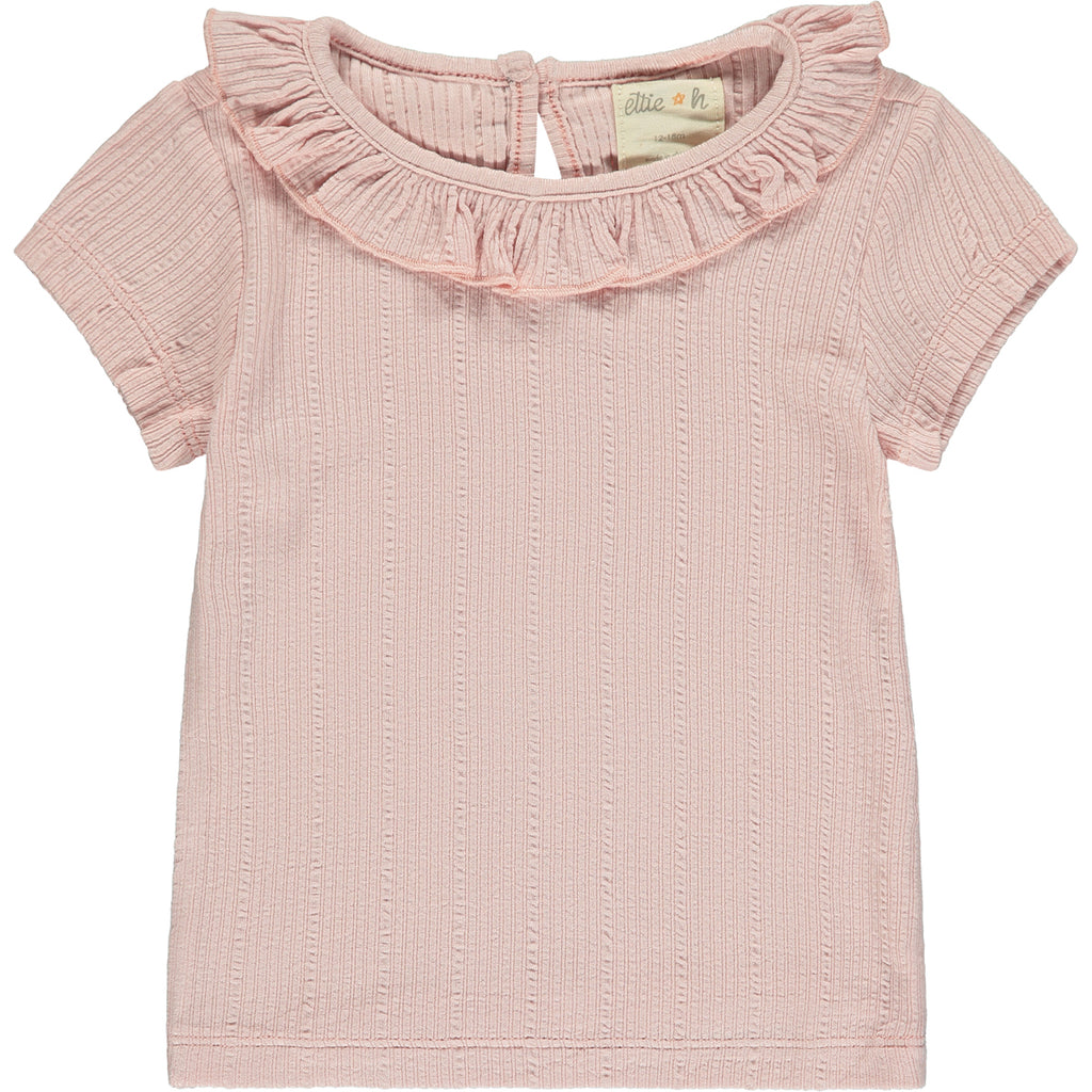 pink tee shirt with patterned fabric and frill neck