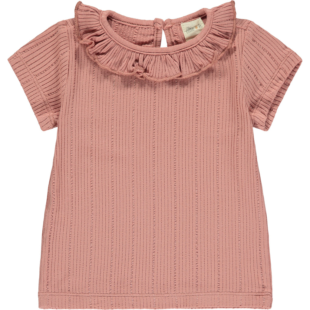  pink tee shirt with patterned fabric and frill neck