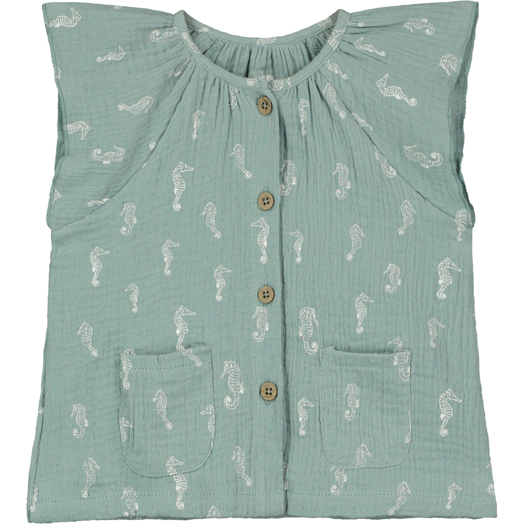 blue gauze blouse with capped sleeves buttons down the front 2 patch pockets on front seahorse print all over