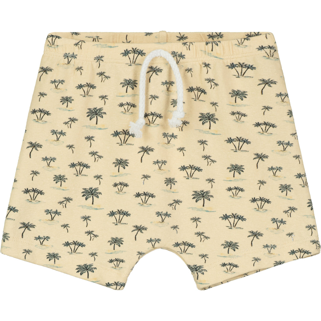 cream jersey shorts with drawstring waist all over palm tree print