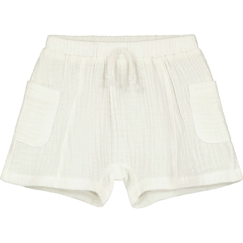 white gauze shorts with side patch pockets and elasticated waist