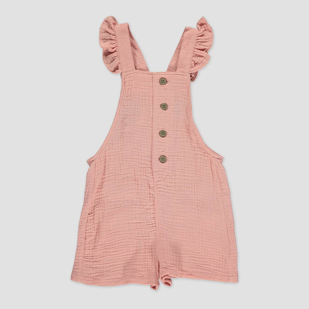 pink shortie overalls with frill shoulder straps and buttons down the front 