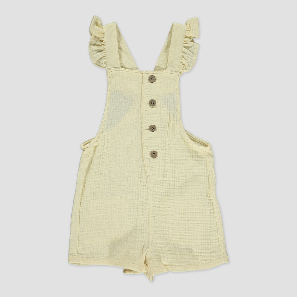 cream shortie overalls with frill shoulder straps and buttons down the front 