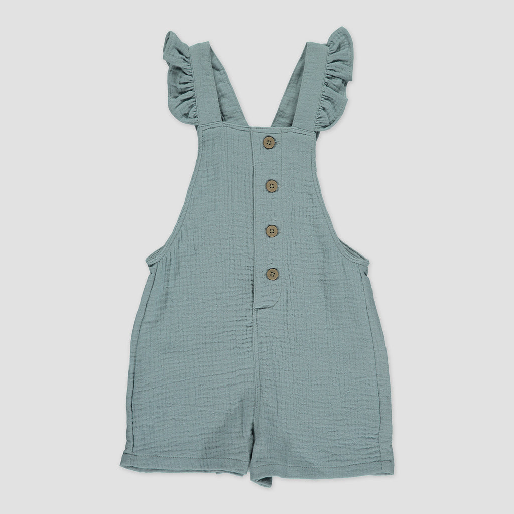 blue shortie overalls with frill shoulder straps and buttons down the front