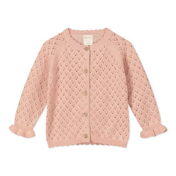 pink knit cardigan with pretty pattern, scalloped edge around the neck and the bottom and cute frill cuffs with a gentle stretch wrist band. Buttons down the front.