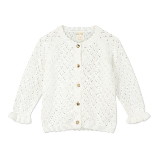 white knit cardigan with pretty pattern, scalloped edge around the neck and the bottom and cute frill cuffs with a gentle stretch wrist band. Buttons down the front.