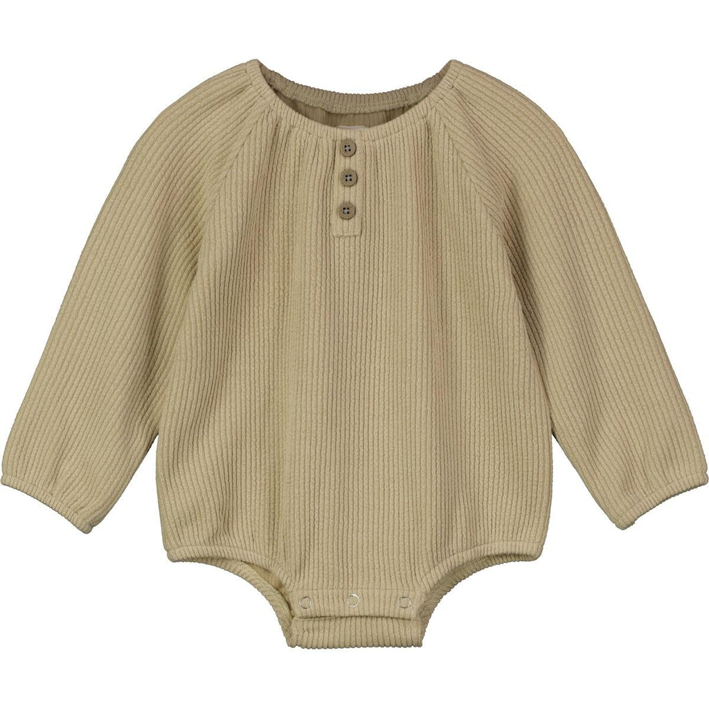 oatmeal onesie with 3 button detail on the front slight gathered neck line 