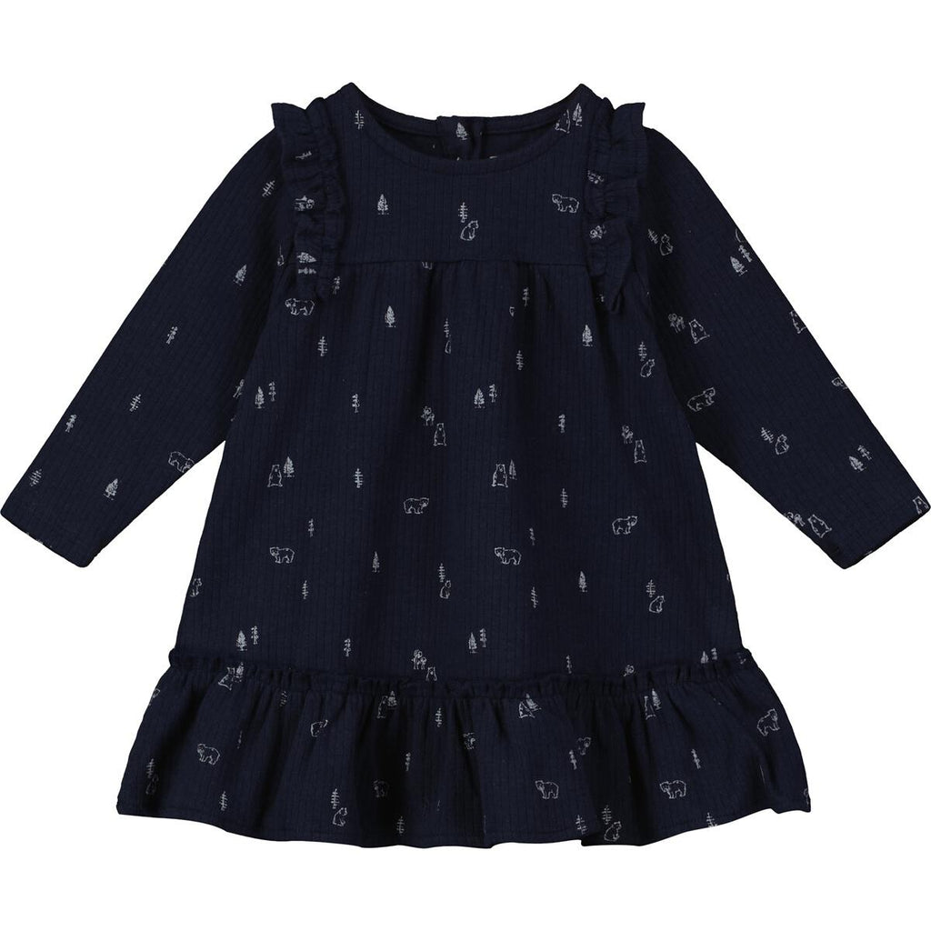 navy blue dress with bear print with ruffle shoulders and long sleeves ruffle frill around the bottom