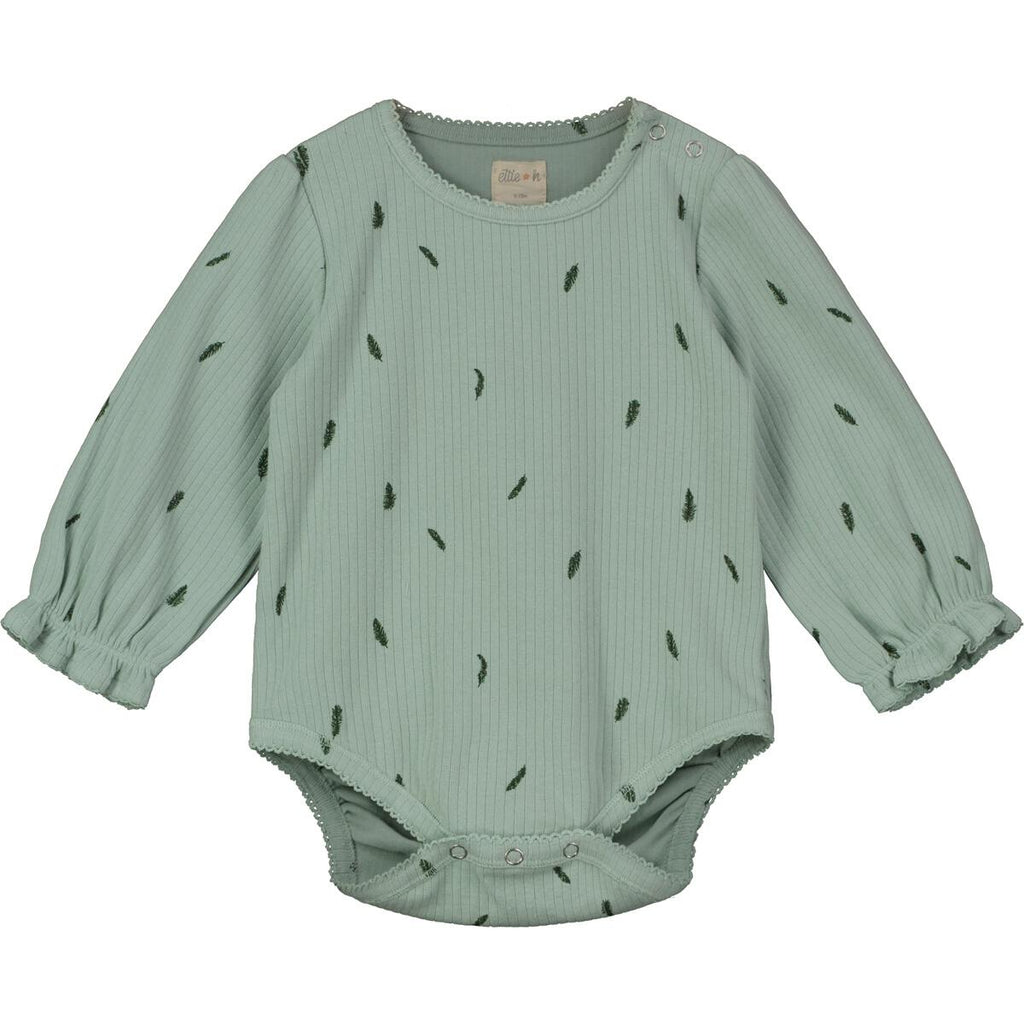 green ribbed onesie with dark green feather all over print