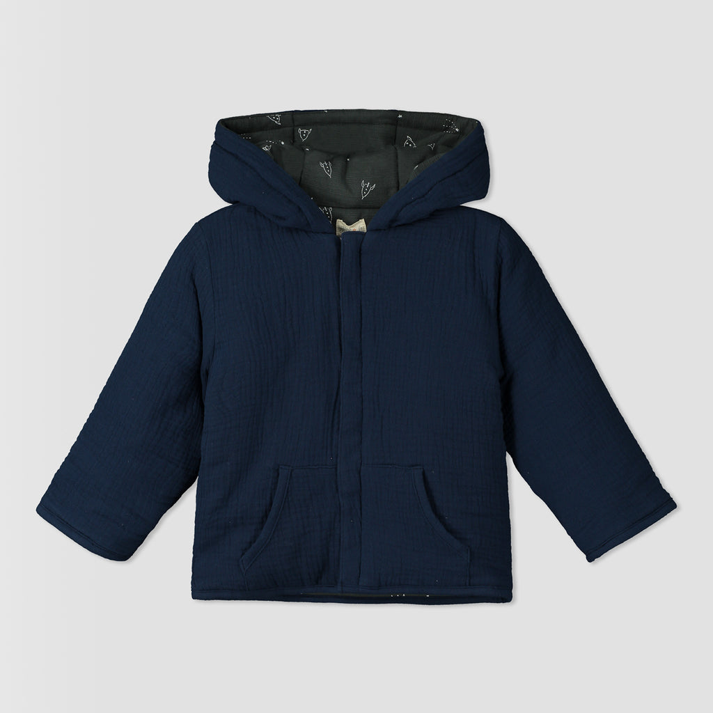 padded jacket zip front with hood navy jersey with rocket print lining