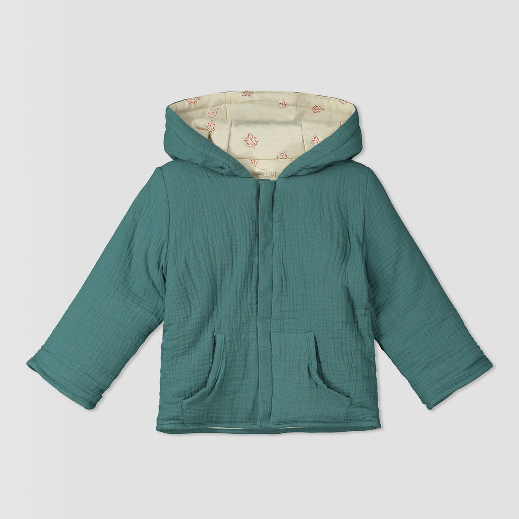  padded jacket zip front with hood teal green jersey with leaf print lining