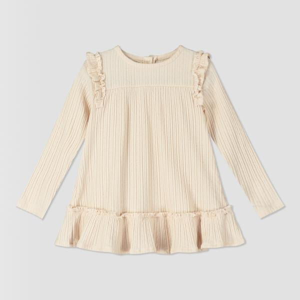 cream dress with ruffle shoulders and long sleeves ruffle frill around the bottom