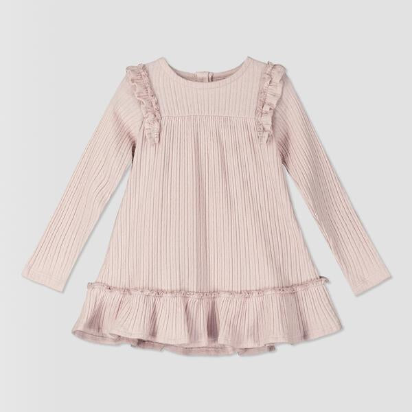 pink dress with ruffle shoulders and long sleeves ruffle frill around the bottom