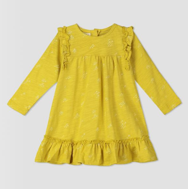 bright yellow dress with ruffle shoulders and long sleeves ruffle frill around the bottom  arrow print all over